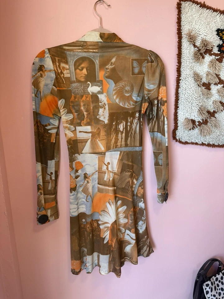 Vestido envolvente vintage de los años 60 con estampado fotográfico naranja grueso manga larga cintura corbata Foto 3 de 4