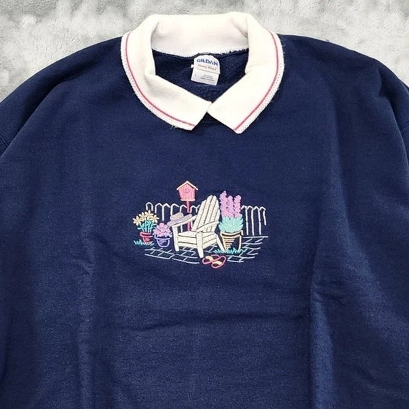 Sudadera Vintage Gildan Mujer L Azul Bordado Cuello Pullover Informal Años 90 Foto 2 de 4