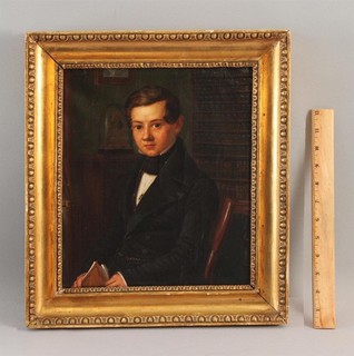 Antique c1840s Portrait Oil Painting Young Handsome Gentleman Library of Books