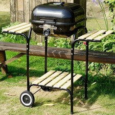 Image of 18 Inch Portable BBQ Grill Charcoal Trolley Smoker With Wooden Side Tables
