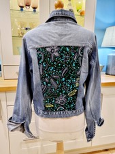 Highlands Denim Jacket Ankara African Fabric Panels Faded Stonewashed Size 12