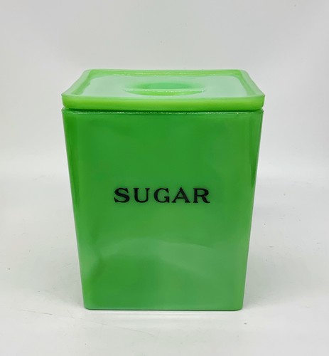 Vintage green Jeanette Jadeite square Sugar canister w lid uranium glass flower - Picture 2 of 6