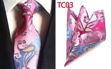 Classic Paisley Pink Blue Jacquard Weave Men's Tie Necktie Pocket Square Set