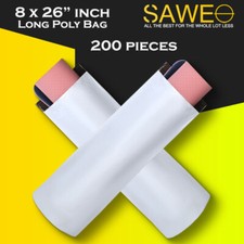 200 x Long Poly Mailers 8 x 26 White Plastic Shipping Bags Envelopes, Self Seal