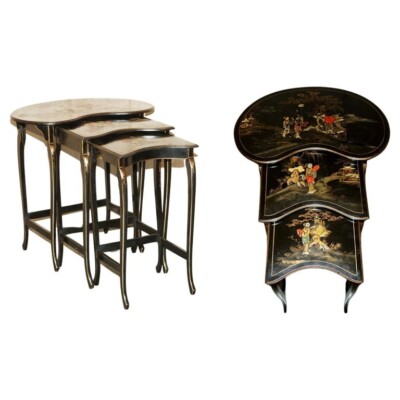NEST OF THREE CIRCA 1900 CHINESE CHINOISERIE LACQURERED SIDE KIDNEY TABLES