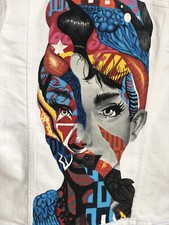 New Hand Painted Jacket Audrey Hepburn White Denim Gap, Small