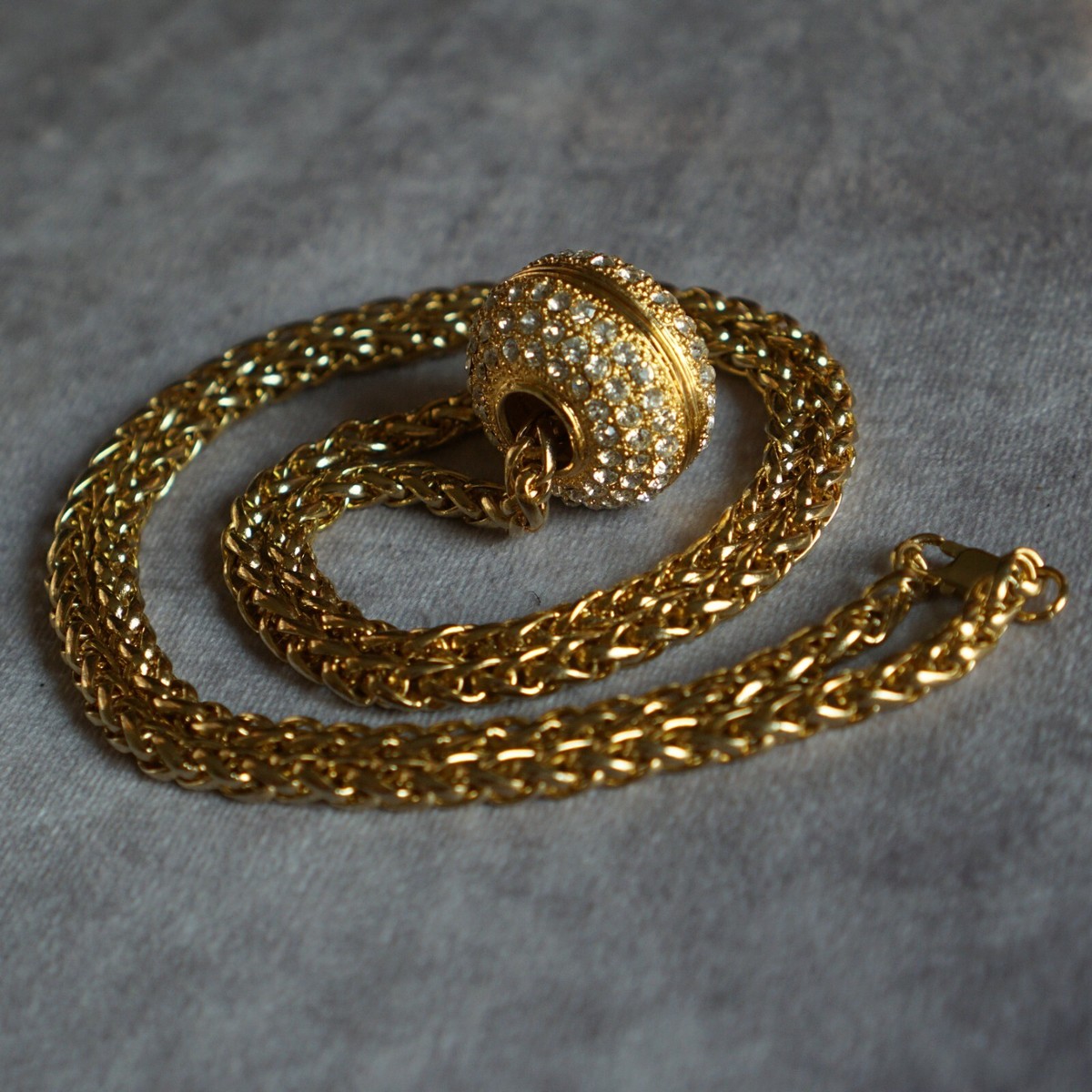 Vintage Womens Necklace - Wheat Chain Slider Rhinestone Ball