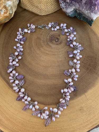Vintage Sajen Carved Amethyst Sterling Silver Necklace Clustered Lavender Pearls - Picture 3 of 11