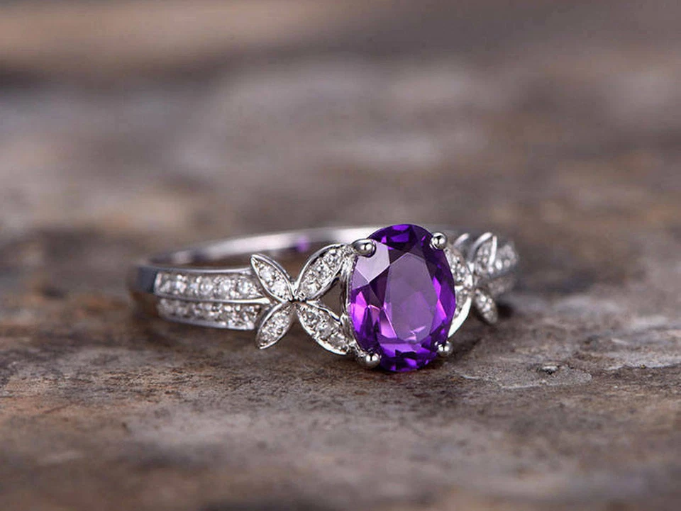 2.45Ct Oval Cut Amethyst Solitaire Engagement Wedding Ring 14K White Gold Size 6 - Imagem 4 de 4