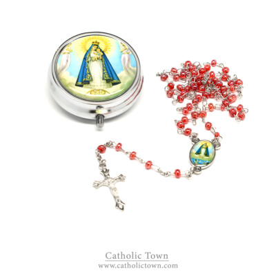 Catholic Rosary Necklace with Caridad Medal Cross Crucifix and metal box ROSMIRC