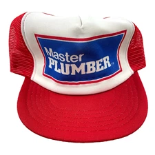 Vintage Master Plumber Trucker Hat Made In USA 80s Snap Back Cap Red White Mesh