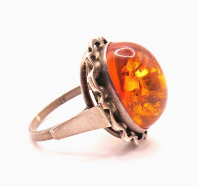 Vintage Bernstein Ring 835 Silber Brauner Farbstein 70s amber luxury RG52 *F