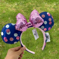 Disney- Rock Mickey Mouse Polka Dot Minnie Ears Pink Purple Sequins Bow Headband