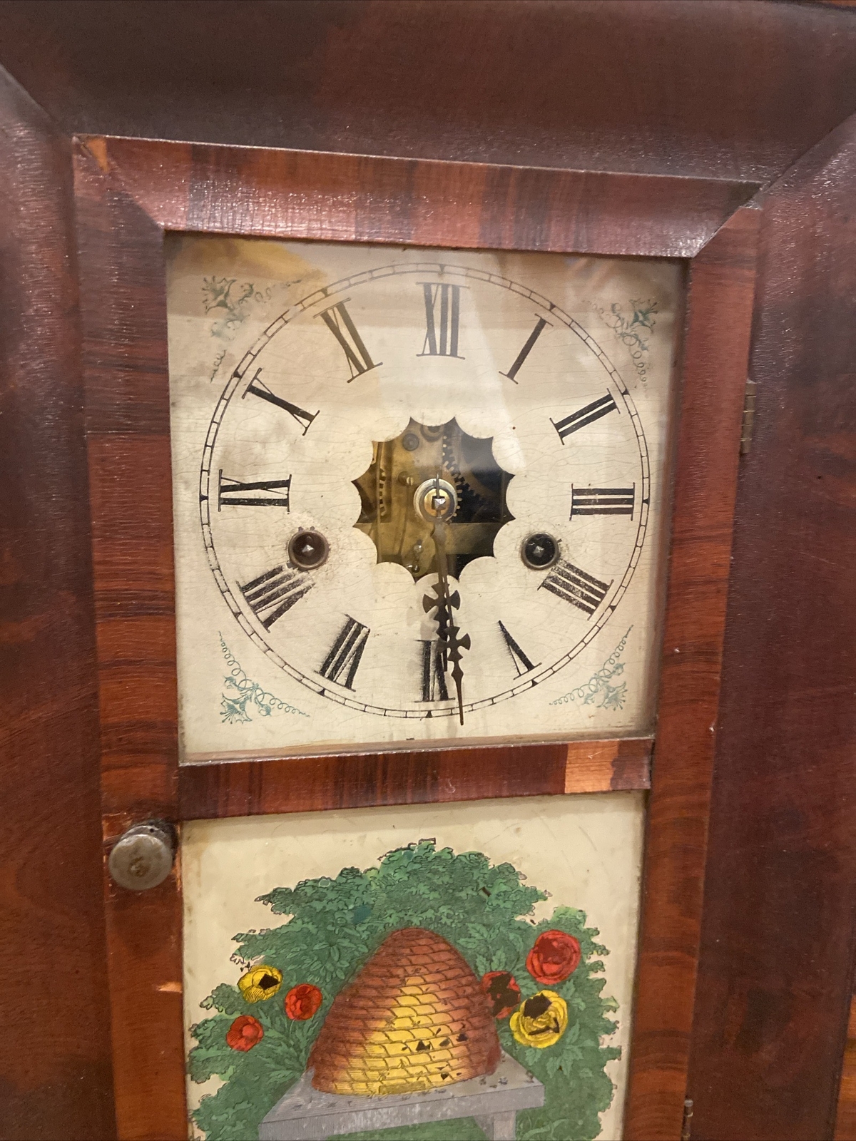 Antique New Haven Miniature Ogee Clock With Beehive Painted Glass