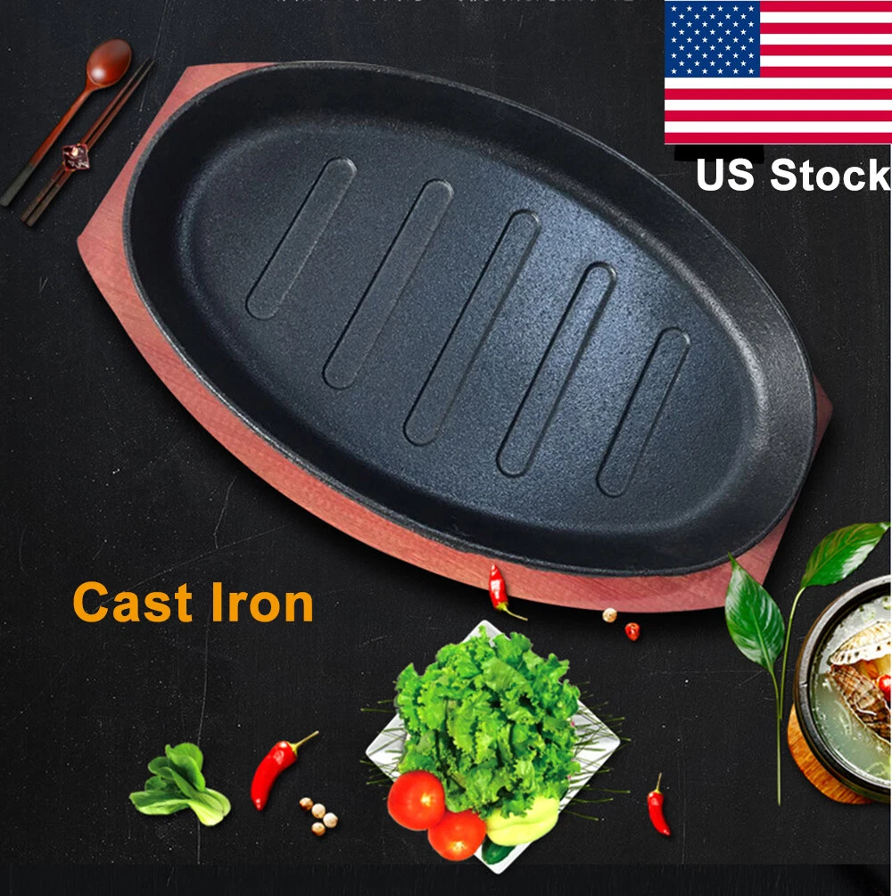 Cast Iron Sizzle Platter Steak Sizzler Serving Plate Wooden Base Sizzling  Dish