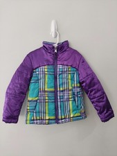 Mountain Xpedition Girl's Puffer Coat Size 4/5 Purple Blue Plaid Zipper Pockets
