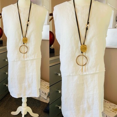 Lungo L arno weißes 100% Leinen Kleid Cover Up Gr. M Lagenlook cool ärmellos