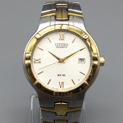 Citizen Mens Watch 36mm Two Tone Silver Gold Roman Date 50M New Battery 7.5''