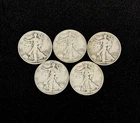 5x Walking Liberty Half Dollars – 90% Silver – Pre-1965 Junk Silver – $2.50 FV