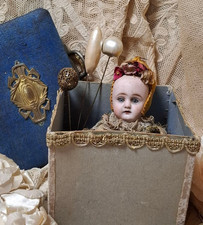 Antique French Bisque Doll Marotte 5.1 in with Box & Hat Pins Mignonette Me