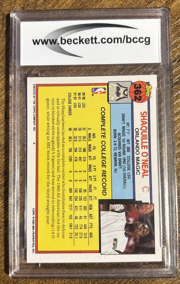 Shaquille O'Neal RC Rookie Shaq 1992-93 Topps #362 BCCG 10 Magic Basketball NBA  - Imagem 2 de 2