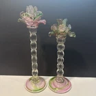 Pair Vintage Venetian Murano Blown Glass Floriform Candlesticks Pink Green Rose