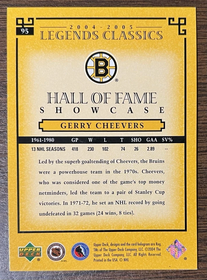 GERRY CHEEVERS AUTOGRAPHED 2004-05 UD LEGENDS CLASSICS HOCKEY CARD # 95 BRUINS - Image 2 of 4