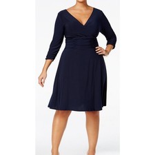 NY Collection Navy A-Line Dress Ruching Waist Sleeves Plus Size 1X NWT