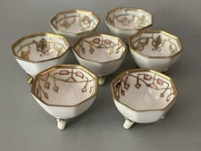 Open Footed Salt Dips Japanese White With Gold Geometric Design Set Of 7
