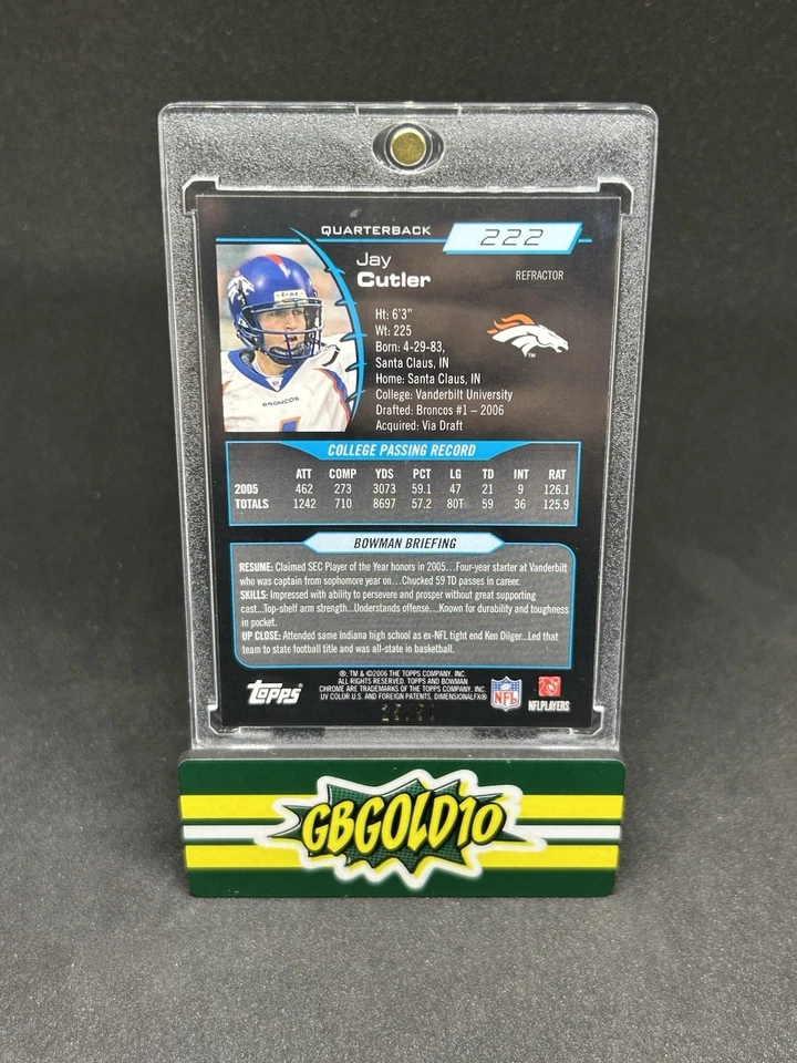 Bowman Chrome Jay Cutler #222 Gold Refractor 2006/50 Rookie RC Foto 2 de 2