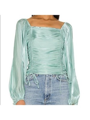 LINE + DOT Womens Green Stretch Bishop Sleeve Tie Fitted Square Neck Party Top S