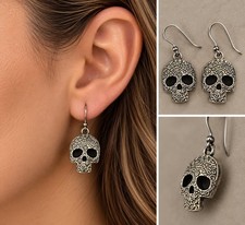Halloween Skull Nickel-Free Silver Tone Metal Dangle Drop Earrings French Wire