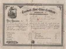 Teachers First Class Certificate Guthrie Center Iowa 1875 Mr. Chas Parrish