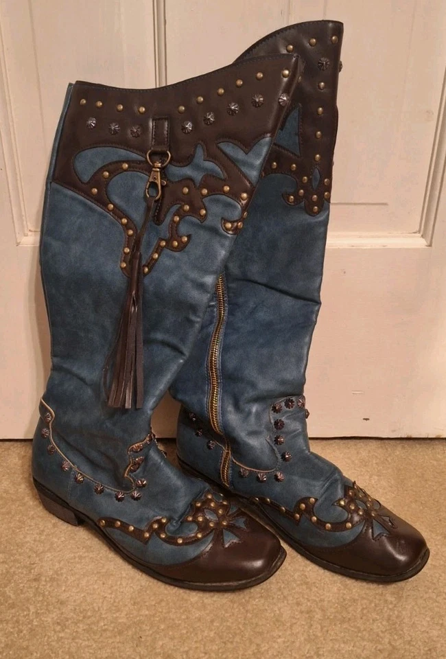 Women's Blue Brown Knee-High synthetic Western Boots Zipper-Tassels-Studs Size 9 - Image 3 of 4