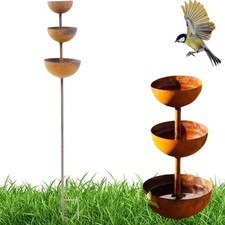 Rust Metal Rain Catcher Stake Bird Bee Butterfly Water Feeder Bowl Garden Decor