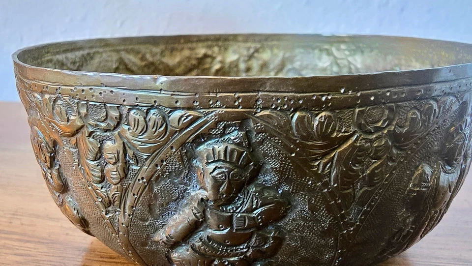 缅甸黄铜碗装饰Intricate Repousse手工加工带图案面板 — 第 3/4 张图片