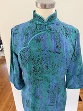 Beautiful Vintage Blue Green Asian Silk Dress Cheongsam Style 3/4 Sleeve Xs/S