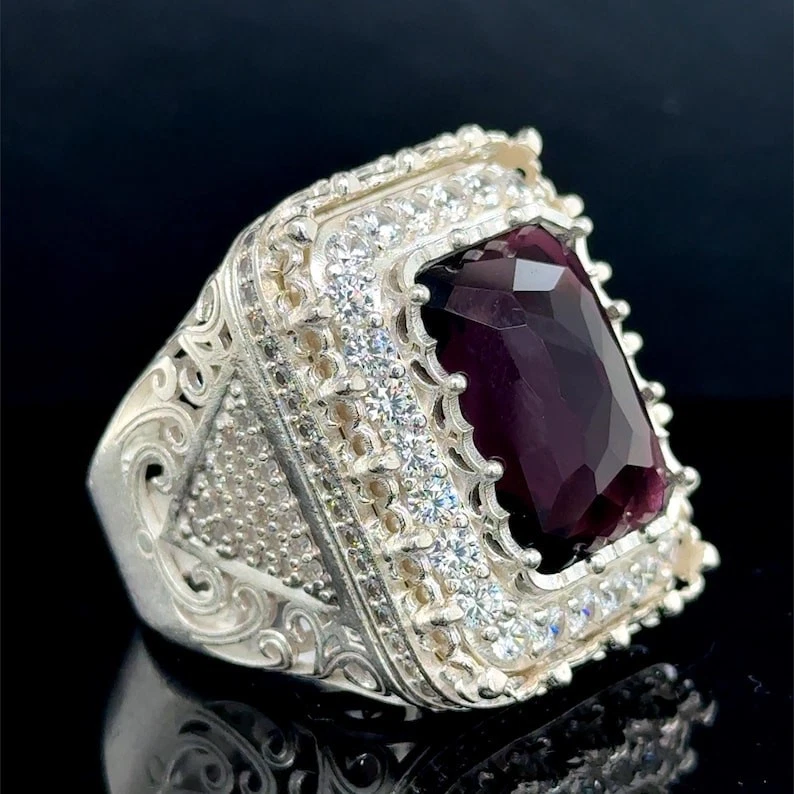 Anillo grande de plata 925 de amatista y moissanita para hombre, anillo turco hecho a mano Foto 2 de 4