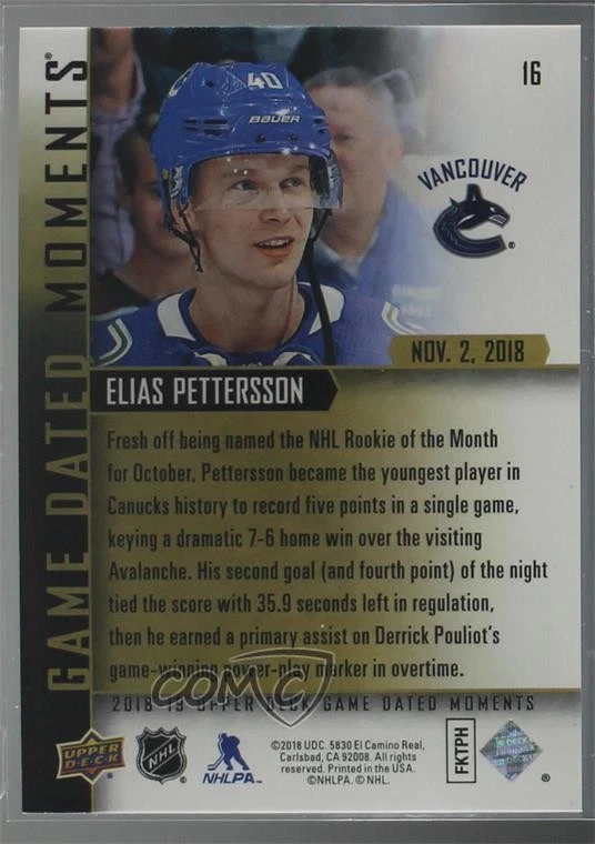 2018-19 Upper Deck Game Dated Moments Elias Pettersson #16 Rookie RC - Image 2 of 2