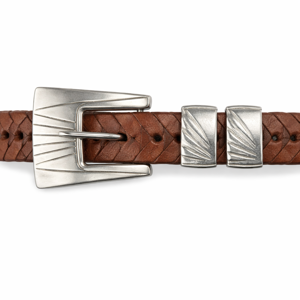Vintage Brown Braided Belt w/ Silver Southwestern Buckle- Genuine Leather Vintage 1996 Southwest Style Silver Chunky Buckle Brown  main image 3