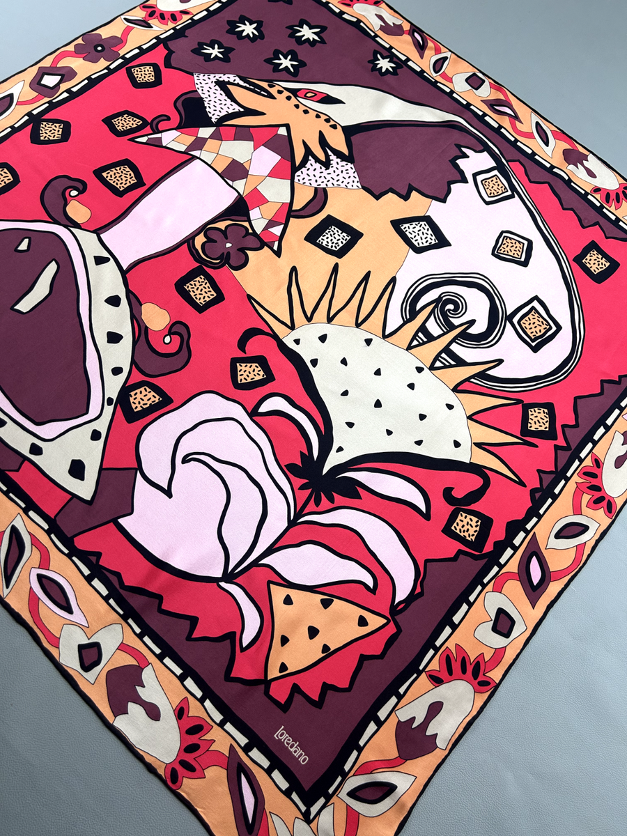 Foulard Vintage En Soie Loredano - Motif Floral Multicolore - Italie - Bon état