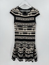Alice + Olivia Darby Knit Dress Womens Small Black Beige Ruffle Striped Stretchy
