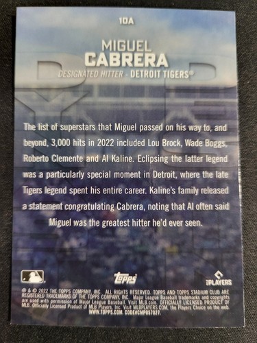 2022 Topps Stadium Club Chrome Miguel Cabrera DYNASTY REFRACTOR card 10A Tigers - Picture 2 of 2