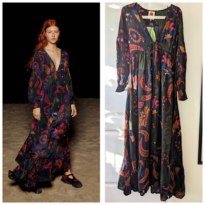 farm rio tropical multicolor long sleeve maxi dress Farm Rio Anthropologie Georgette Maxi Colorful Dress Floral Black Plunge  NWT XS