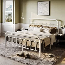 Queen Bed Frame /Metal Bed Frame with Vintage Style Headboard & Footboard,White