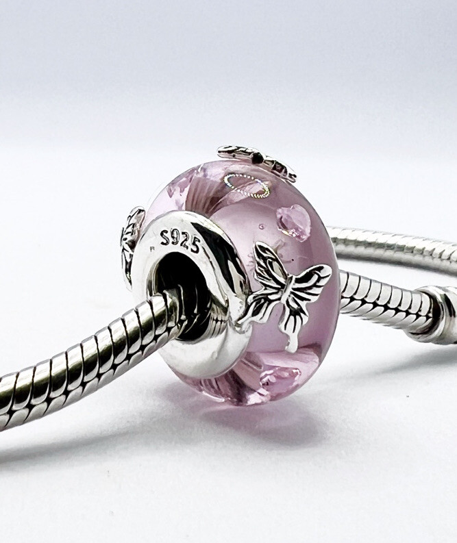 Murano Glass Charm Bead Pink Butterfly Genuine 925 Sterling Silver 💖