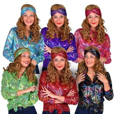 THETRU Disco Bluse Damen Glitzer Party Disko Paillettenbluse 70er 80er Karneval