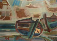 1988 Abstract oil/collage painting seascape landscape boats signed