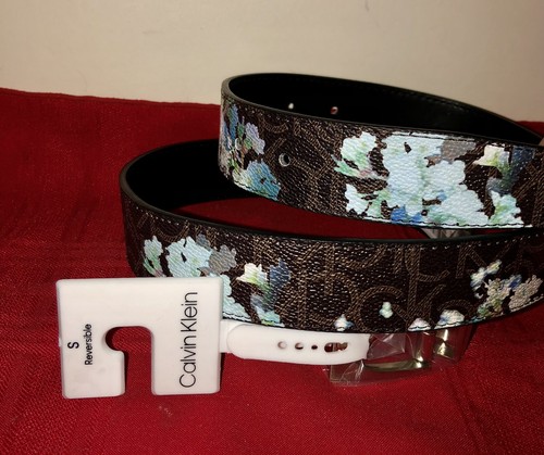 NWT S CALVIN KLEIN REVERSIBLE BROWN & BLUE FLORAL BELT SILVERTONE BUCKLE $42 - Picture 4 of 12