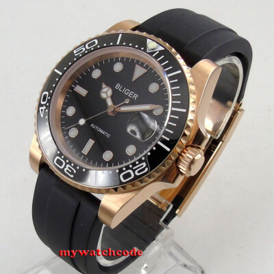 40mm Bliger Black Dial Miyota 8215 NH35 Automatic Mens Watch Date Rubber Strap